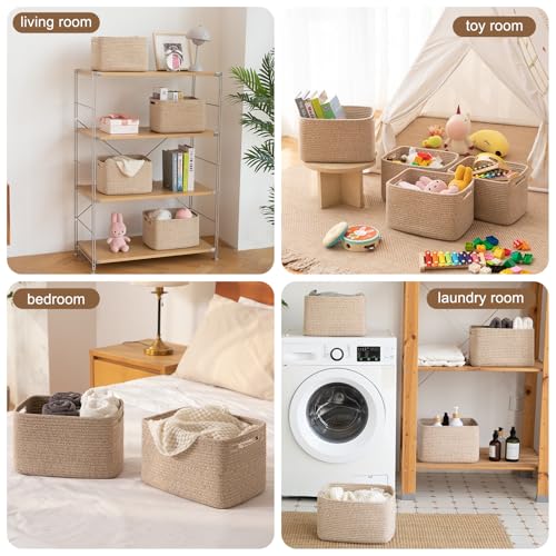 OIASKET Storage Baskets for Organizing, Woven Decorative Baskets for Shelves - Books, Towels, and Clothes, Cotton Rope Toy Storage Bins, 12.7''Lx9''Wx7.8''H, Pack of 4, Brown - color: Brown