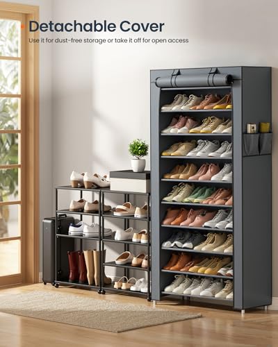 SONGMICS Home Shoe Rack 10-Tier, Tall Narrow Metal Shoe Organizer with Dust Cover, 11.2 x 33.3 x 63.2 Inches, Vertical Storage Cabinet for Closet Entryway, Gray - color: Grey, size: 10 Tiers (33.3"W)