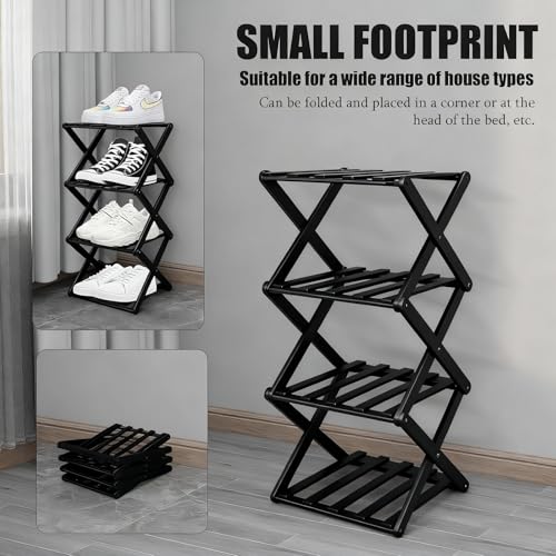Vertical Black Shoe Rack Small, 4 Tier Portable Folding Shoe Storage Rack, Without Installation Free Standing Shoe Rack for Corridors, Bedrooms Living Room Corner and Small Spaces - size: 4 Tier&Black