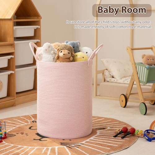 OIAHOMY Large Laundry Basket Hamper - 80L Cotton Rope Woven Basket for Blankets, Toys, Clothes - Tall Decorative Nursery Hamper with Long Handles, Pink - color: Pink, size: 80L