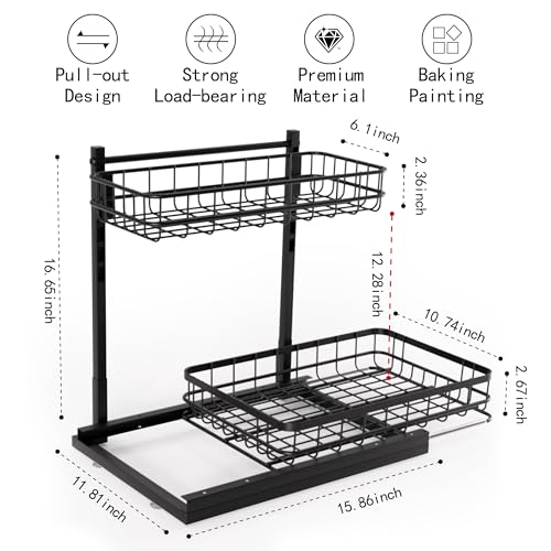 Under Sink Organizer, Adjustable Height Pull-Out Kitchen Storage Organization,15.8" x 11.8" x 16.5", 2-Tier Kitchen Shelf, Bathroom Drawer Organizer, 2 Pack|Black - color: Black, size: B 2 Pack