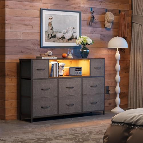 Simple Deluxe TV Stand Dresser with 8 Fabric Drawers and Open Shelves, Entertainment Center with LED Lights & Charging Station, Wood Top for 45" -55" TV, for Bedroom/Living Room/Hallway, Grey - color: Grey, size: 47.24"D x 11.81"W x 31.5"H (8 Drawers)