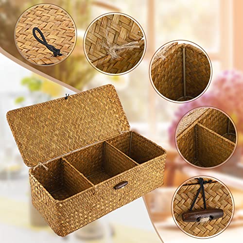 Sumnacon Small Woven Basket for Shelf, Wicker Shelves Storage Baskets with Sections Seagrass Storage Bin with Lid for Tampon Toiletry Rectangular Storage Basket for Bathroom Table Desk Caramel - color: Caramel, size: Medium