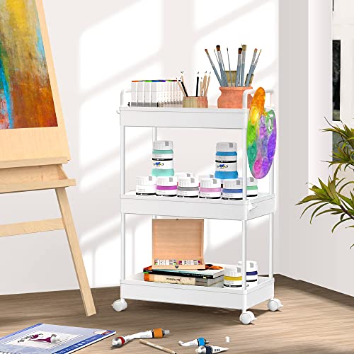SOLEJAZZ 3 Tier Rolling Storage Cart with Wheels Slim Craft Nail Makeup Snack Art Baby Utility Cart Organizer on 2 Lockable Wheels for Bathroom Laundry Room Kitchen Bedside Narrow Spaces, White - color: White, size: 3-Tier, 8.66"D