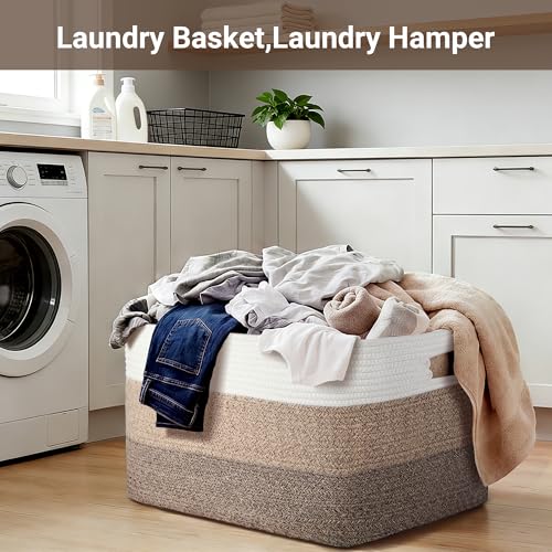 75L Large Woven Storage Basket, Cotton Rope Laundry Hamper with Handles, 22”x17”x12” Rectangle Blanket Basket for Toys, Clothes, Pillows, Nursery and Living Room, Gradient Brown/White - color: Gradient Brown/White