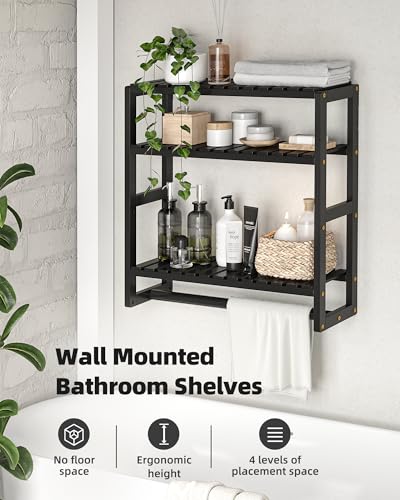Galood Over The Toilet Storage Bathroom Shelves Wall Mounted 3 Tier Space Saver Corner Shelf Organizer Bamboo Towel Rack Toilet Paper Cabinet with Hanging Rod Black - color: Black 1pack, size: Standard