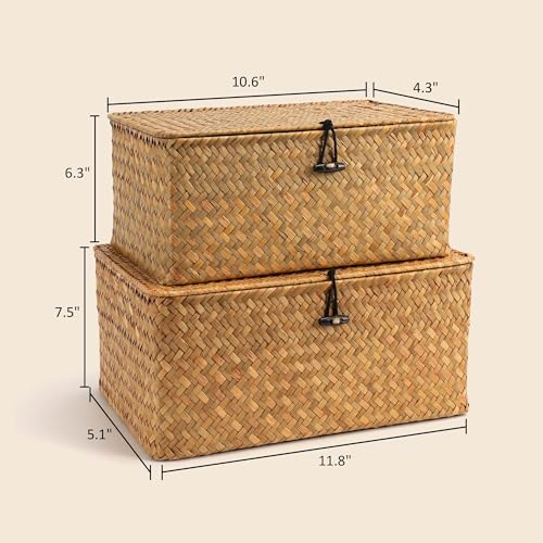 Nonam Storage Basket with Lid, Natural Seagrass Bin with Lid Set of 2, Shelf Baskets Multipurpose Container for Boho Decoration, Rectangular Household Storage Boxes for Home Organization-Natural - color: Natural-S+M