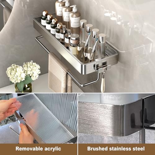 VOLPONE Stainless Steel Wall Mounted Bathroom Shelves - 2-Tier Floating Shelf with Removable Hooks (Brushed Nickel) - color: Brushed Nickel(rectangular)