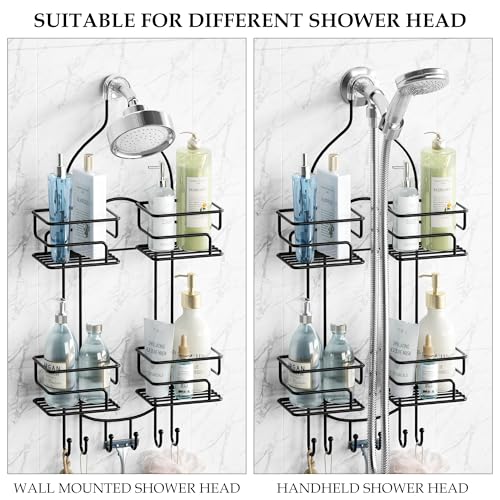 SRIWATANA Shower Caddy Hanging Over Head, Bathroom Shower Organizer Shower Rack Holder with Hooks for Razors - Black - color: Black