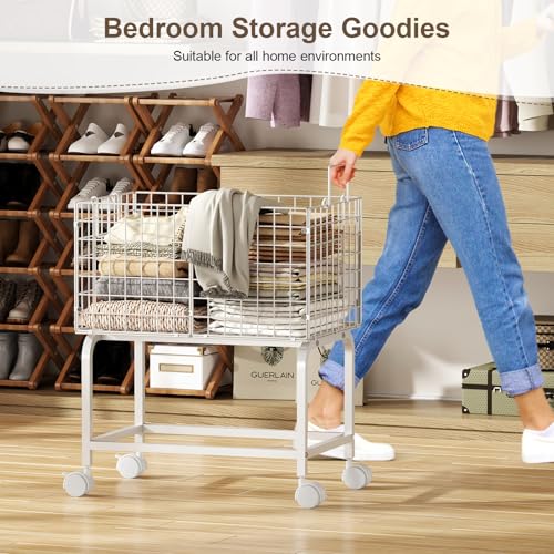 Wire Laundry Hamper Cart,80L Laundry Hamper Trolley with Pull Handle,White High Laundry Basket Cart for Laundry Room,Bathroom,Bedroom-White（23.6 * 15.75 * 28inch） - style: Medium Oblong-White