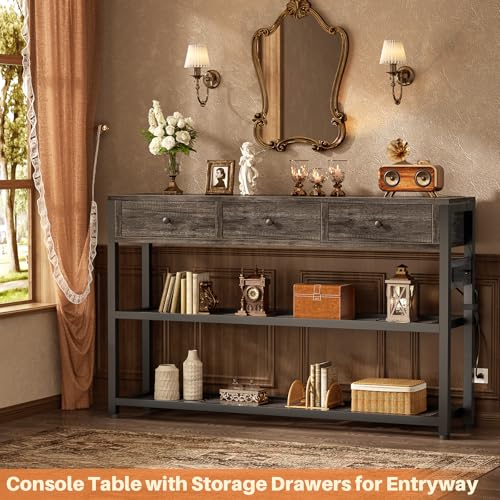 Ecoprsio 47'' Entryway Table with Outlets and USB Ports, Console Table with 3 Drawers, Sofa Table Narrow Long with Storage Shelves for Living Room, Couch, Hallway, Foyer, Kitchen Counter, Grey - color: Grey Oak, size: 47-In