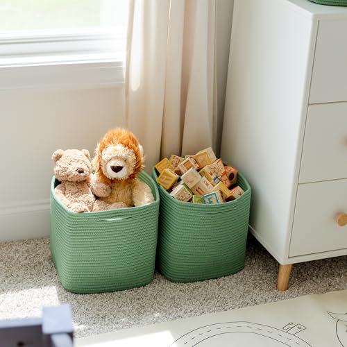NaturalCozy Storage Cubes 11 Inch Cotton Rope Woven Baskets for Organizing, 3-Pack | Cube Storage Bin | Square Storage Baskets for Shelves Organizer, Classroom, Kids Toy Bins, Closet, Baby Nursery - color: Green