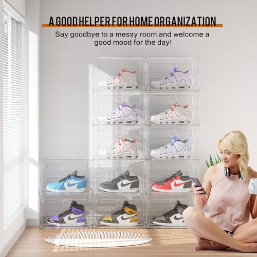 KEFA XL Shoe Storage Box Organizer, 8 Pack Shoe Boxes Clear Plastic Stackable, Sneaker Display Case Container Fit for US 13 (Side 8 PACK CLEAR) - color: 8 PACK CLEAR
