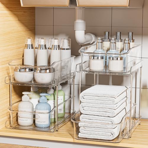 Delamu 2-Tier Under Sink Organizers and Storage, Multi-Purpose Stackable Bathroom Cabinet organizers, Pull Out Kitchen Pantry Organization and Storage with Dividers(2 Pack, Clear) - color: Clear, size: 2 Pack