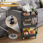 3 Tier Rolling Cart with Wheels, Black Plastic Three Tiered Shelf Organizer Carts on Lockable Wheels, Small Utility Storage Trolley for Diaper Caddy, Snack, Art, Cleaning Supplies, Kitchen, Bathroom - color: Black