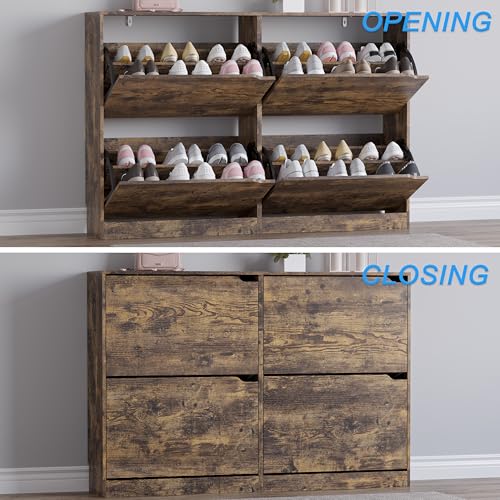 BORNOON Shoe Cabinet with 4 Flip Drawers, Narrow Hidden Shoe Storage Cabinet, Slim Freestanding Shoe Rack Organizer for Entryway, Hallway, Bedroom, Living Room - color: Brown, size: 4 Drawers
