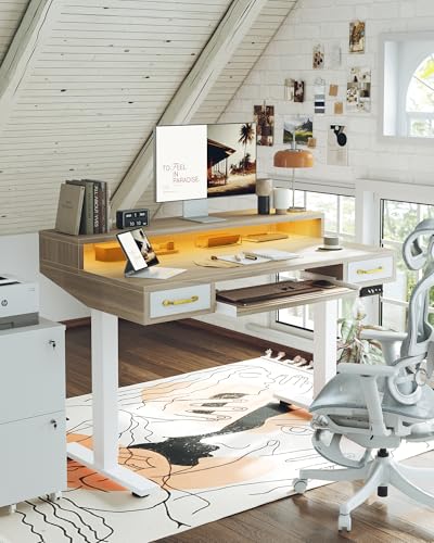 TIQLAB Standing Desk with Two Drawers, Stand Up Standing Desk Adjustable Height, Electric Sit Stand Table with Storage Shelf and Splice Board, with LED Light, 47 * 28 inch, Light Walnut - color: Light Walnut, size: 47*28 inch with keyboard tray