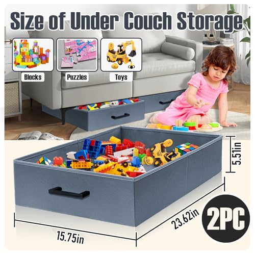Under Couch Storage, 2 Pack Under Bed Containers, Foldable Under Sofa Storage keeps things out, Under Couch Storage Box for Toys, Blocks, Puzzles, Plush Dolls, Books (23.62 * 15.75 * 5.51in) - size: 23.62*15.75*5.51in
