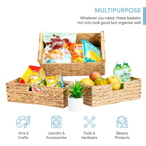 VATIMA Large Water Hyacinth Storage Baskets for Organizing with Wooden Handles for Shelves, 2 Bathroom Small Basket, Water Hyacinth Toilet Paper Baskets, Set of Natural Wicker Storage Basket for Home - color: Water Hyacinth, size: Set of 3 (1 Large Basket