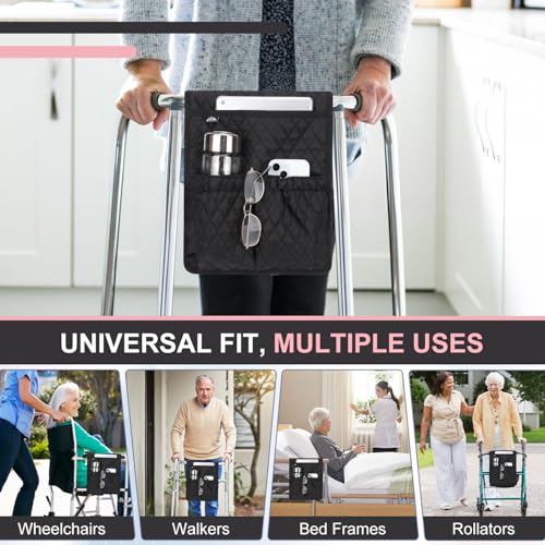 supregear Walker Bag, Universal Seniors Caddy Organizer with Multiple Pockets, Lightweight Accessories for Elderly, Rollators, Wheelchairs and Bedside Rails, Easy to Use Storage Pouch, Black - color: Black