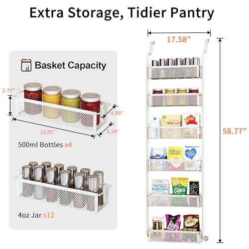 Over the Door Pantry Organizer, 6-Tier Pantry Door Organization and Storage, Over the Door Spice Rack, Home & Kitchen Storage Shelves for Cabinet, White - color: White, size: 16.5"W 6-Tier