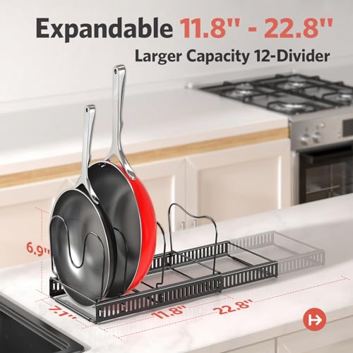 ORDORA Pots and Pans Organizer under Cabinet, Expandable 11.8"-22.8" Pot Lid Holder with 12 Adjustable Dividers, Pan Organizers inside Cabinet for Kitchen Cookware Bakeware, Black - color: Black, size: 12 Dividers