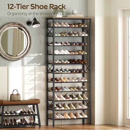 YATINEY 12 Tier Shoe Rack, Large Capacity Shoe Storage Organizer Holds 48 Pairs, Sturdy and Stable, for Entryway, Hallway, Closet, Dorm Room, Rustic Brown SS12BR - color: Rustic Brown + Black, size: 27.8" x 10.8" x 79.3"