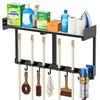 HUFAND Broom Holder Wall Mount, 27" Large Mop and Broom Organizer Wall Hanging with Top Storage Shelf & Vacuum Hook, Heavy Duty Iron Utility Rack for Laundry Room, Garage, Kitchen, Garden - Black - size: Large