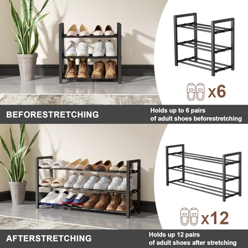 3-Tier Expandable Shoe Rack, Adjustable Shoe Shelf Storage Organizer Heavy Duty Metal Free Standing Shoe Rack for Entryway Closet Doorway (Black) - size: 3 Tier