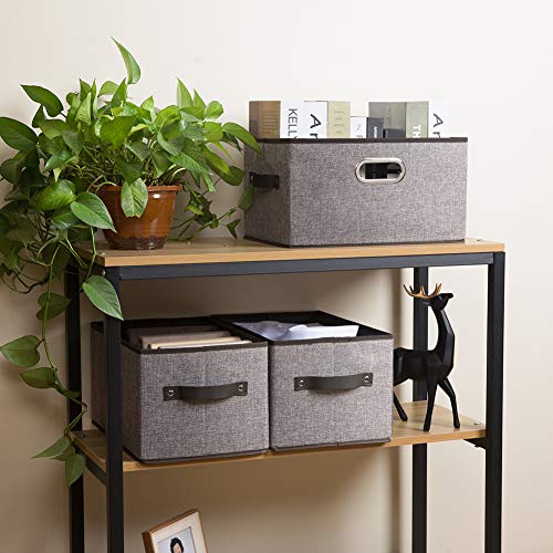 PRANDOM Large Foldable Storage Bins for Shelves [3-pack] Decorative Linen Fabric Storage Baskets Cubes with Leather/Metal Handles for Closet Nursery Office Grey and Black Trim (14.9x9.8x8.3 Inch) - color: Grey&black Trim, size: Large(3-Pack)