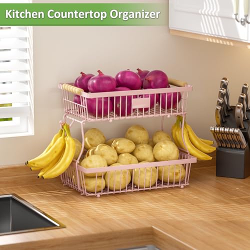 2 Tier Fruit Basket for Kitchen Counter with 2 Banana Hangers, Countertop Metal Fruit Bowl with Wooden Handle, Large Storage Stand for Vegetables, Snacks, Breads, Produce Storage – Pink - color: Pink, size: 2 Tier