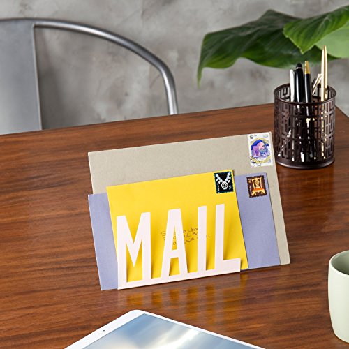 MyGift Mail Holder Organizer Countertop Modern Metal White with Cutout MAIL Lettering Design, Office Desktop Envelope and Document Storage Rack - color: White