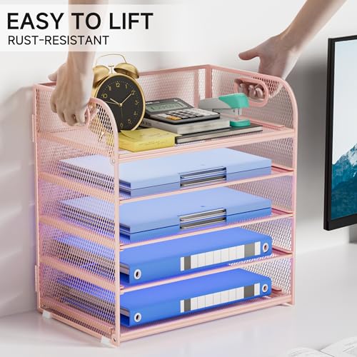 5-Tier Stackable Paper Organizer with Handle, Pink Metal Mesh Letter Tray | Stylish Desk File Sorter for Office, Home & Classroom Supplies - color: Pink, size: 12.6" x 9.1" x 13.4"