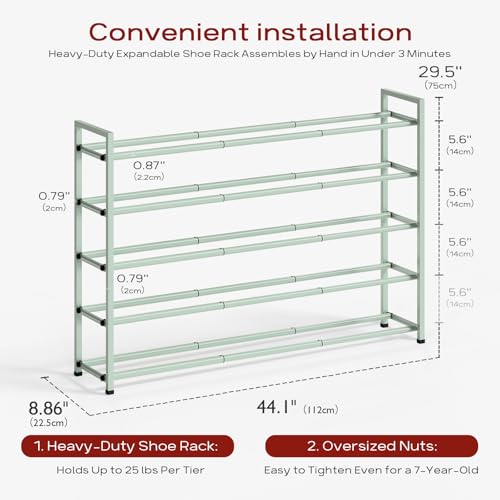 Bumusty 5-Tier Long Expandable Shoe Rack for Closet, 18"-44" Adjustable Shoe Rack for Entryway, 25-30 Pairs Large Shoe Organizer Shelf Storage, Sturdy Metal, Green - color: Green, size: 5-Tier