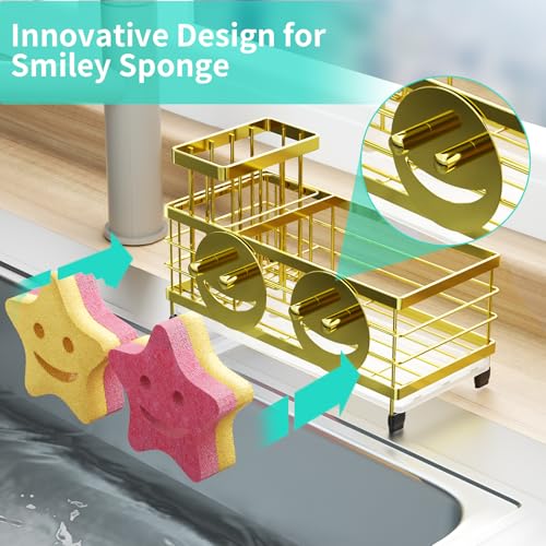 HapiRm Sink Caddy Sponge Holder - Self-draining Kitchen Sink Organizer with Smiley Face and Brush Holder, Stainless Steel Kitchen Sponge Caddy for Countertop - Gold - color: Gold, size: with Smiley Face Sponge Holder