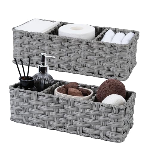 GRANNY SAYS Toilet Tray Tank Topper, Wicker Baskets for Storage, Set of 2 Waterproof Bathroom Basket for Organizing, Gray Bathroom Organization Baskets, 14¼" x 6" x 4¼" - color: Gray