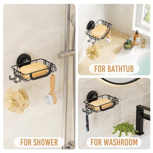 LEVERLOC Soap Holder Shower with Hooks, Bar Suction Cup Soap Dish Tray for Wall, Rust-Proof Stainless Steel Sponge Caddy for Bathroom Accessories Organizer Bathtub Kitchen Sink, Black - style: 1 tier Black