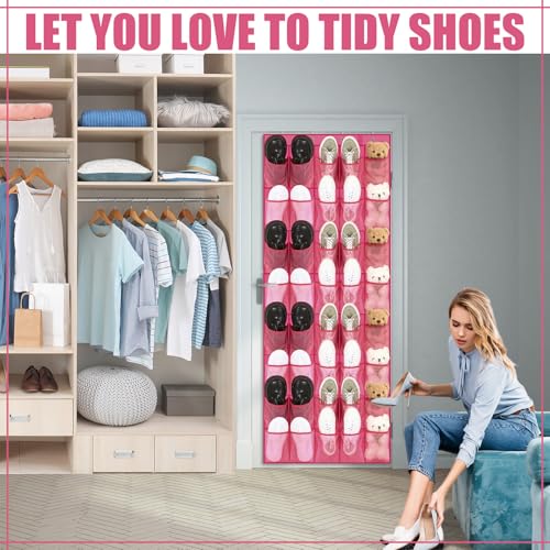Windyun 40 Over the Door Shoe Organizer Large Mesh Pocket Hanging Shoe Rack for Closet Rose Red Nonslip Behind Door Storage Holder Back to School Organizer for Dorm Room College Classroom Storage - color: Rose Red