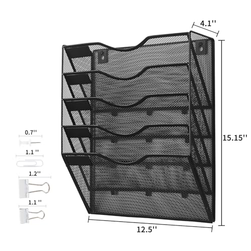 LEKETREE Hanging Wall File Organizer with Office Assorted, 5 Pockets Mesh Wall Mounted Hanging File Folders, Mail Organizer, Holder Rack for Mail, Paper, Document, Binder, Magazine, Menu (Black) - color: Black