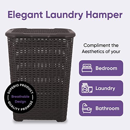 Superio Laundry Hamper Basket With Easy Open Lid 60 Liter Large Wicker Hamper, Dirty Cloths Storage With Two Cutout Handles, Laundry Room Bin (2 Pack, Brown) - color: Brown, size: 2-pack