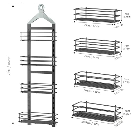 Orimade 4 Tier Adjustable Anti-slip Shower Caddy over Shower Head,Rustproof Bathroom Hanging shower Organizer with 4 Hooks for Razor,No Drilling Shower shelves Storage Rack,Grey - color: Grey - 4 Tier