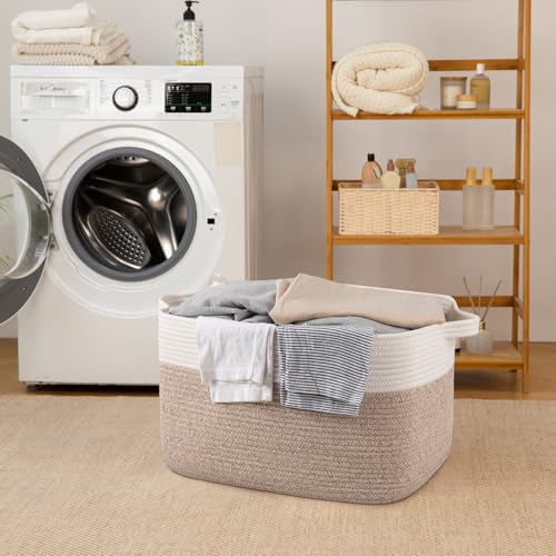 65L Cotton Rope Large Blanket Basket (19.7"x15.7"x11.8") for Living Room, Kids Room & Laundry, Storage Basket with Handle for Organizing Blankets, Pillows, Clothes & Toys, Brown & White - color: Brown & White, size: 19.7"x15.7"x11.8"