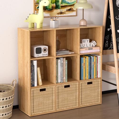 Wooden 9 Cube Storage Organizer with Closed Back Panel,White Cube Shelf Cubby Storage Organizer with Compartments for Living,Bookshelf, Easy to Install (Oak, 9 Cube-11in) - color: Oak, size: 9 Cube-11in