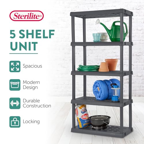Sterilite 5 Shelf Unit, Heavy-Duty Shelving Storage Rack for Home and Garage, Gray - Multipurpose Plastic Organizer Shelves for Smart Organization - size: 5 Shelf, style: 1 Pack