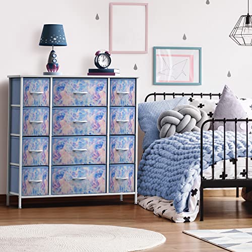 Sorbus Kids Dresser with 12 Drawers - Chest Organizer Unit with Steel Frame Wood Top & Handle, Fabric Bins for Clothes - Large Furniture for Bedroom Hallway Kids Room Nursery & Closet (Blue - Tie-dye) - color: Tie Dye Blue, size: 12 Drawer