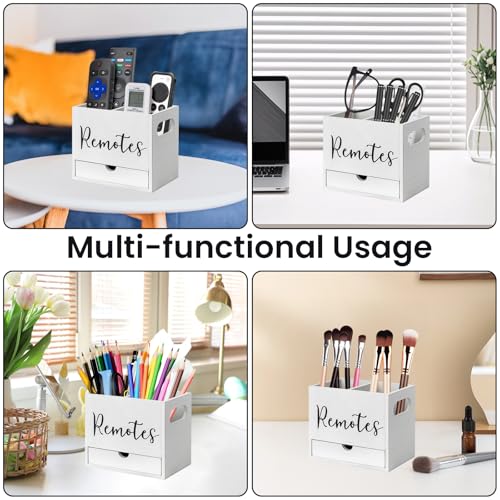 Remote Control Holder, 2 Slot Wooden TV Remote Holder for Table, Remote Box Desk Organizer with Drawers for Home Nightstand Office Supplies (White) - color: White