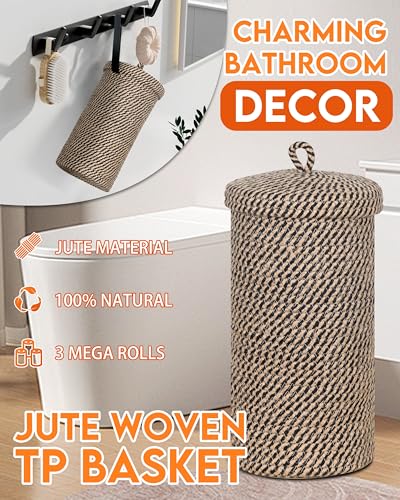 ZOES HOMEWARE Jute Toilet Paper Storage Basket with Lid,Bathroom Toilet Paper Holder Stand for 3 Mega Rolls,Tissue Holder for Bathroom with Removable Waterproof Insert, 7"x7"x13.5"