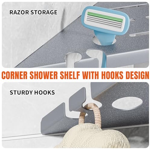 Shower Corner Shelf Organizer Rack with Hooks & Razor Hole, No Drilling Tile Shower Shelves, Rustproof Stainless Steel Bathroom Shelves Basket, Modern Corner Shelf for Bathroom, 2Pack-Silver - color: 4-upgraded Silver