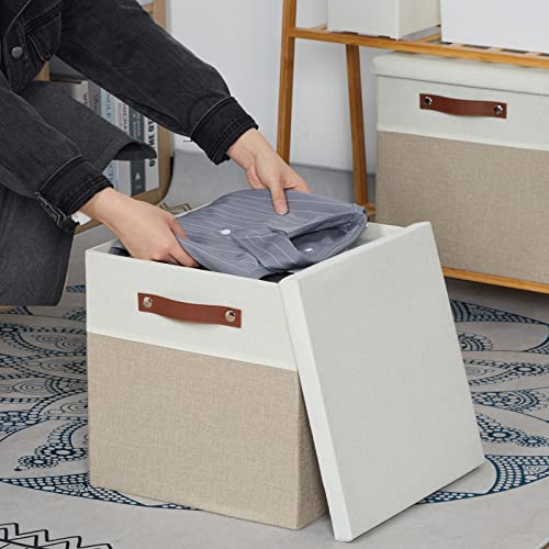 Temary Fabric Storage Bins with Lids 13 Inch Storage Cubes with Lid, Decorative Foldable Storage Boxes for Clothes, Closet Organizers (White&Khaki, 13x13x13inch) - color: White&Khaki, size: 13×13×13