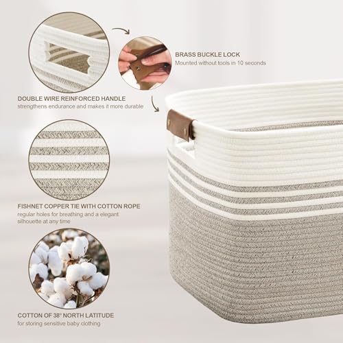 100L Extra Large Laundry Basket with Leather Handles for Living Room Storage, Woven Rope Baskets for Blanket, Kids Toy, Gifts, Wicker Hamper for Bedroom Dirty Clothes, 24"x16"x16" White Brown - color: Brown, size: 100L